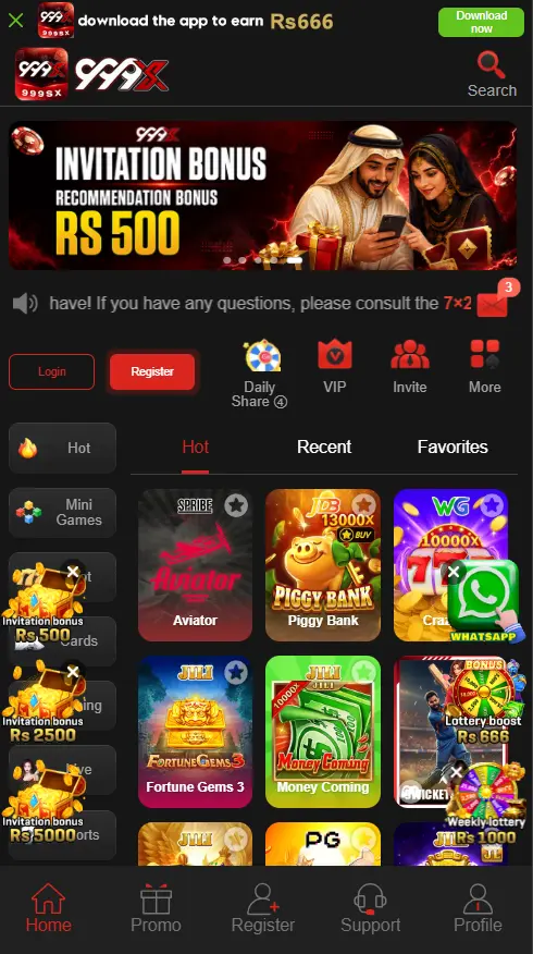 999X Game App Lobby and Live Games