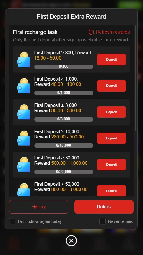 999X Game First Deposit Tasks and Cash Rewards